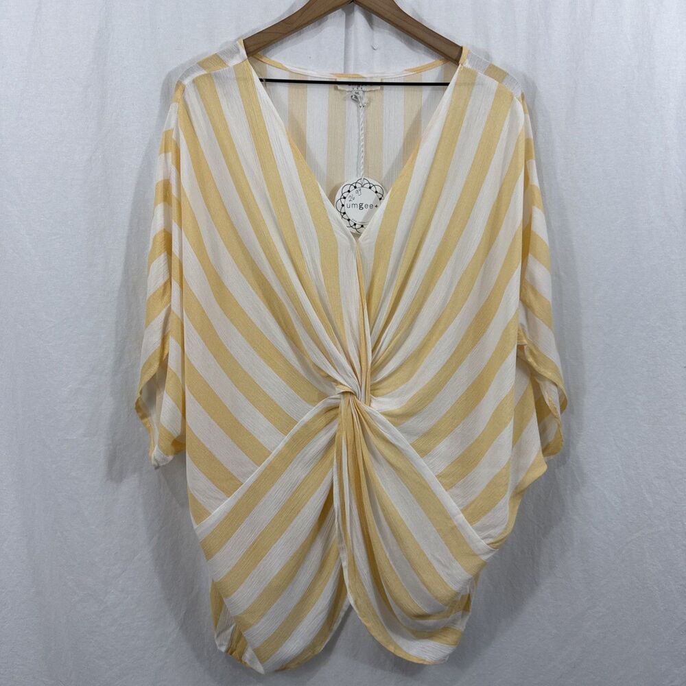 Umgee Butter Yellow White Awning Striped Twist Knot Oversized Top Sz 1XL Beach